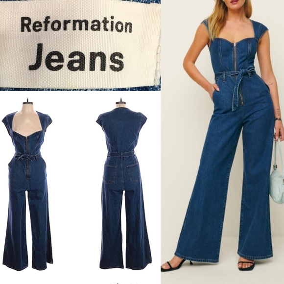 NWT Reformation Calypso Wide Leg Denim Jumpsuit Size 10 Moonstone Wash Belted